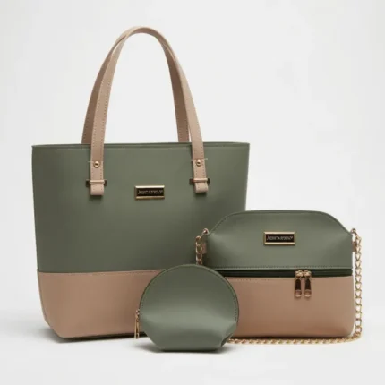 Olive green 3-piece handbag set with tote, crossbody bag and coin pouch