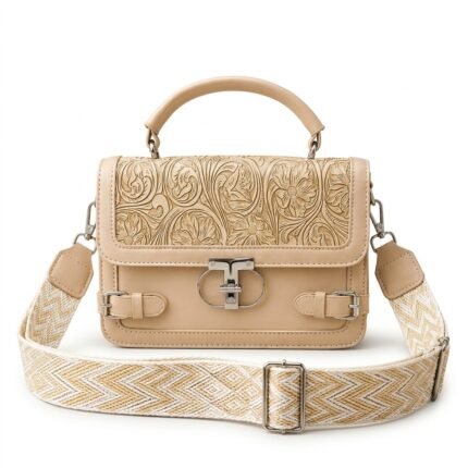 Nude beige floral embossed faux leather satchel bag with top handle and cream patterned wide strap.