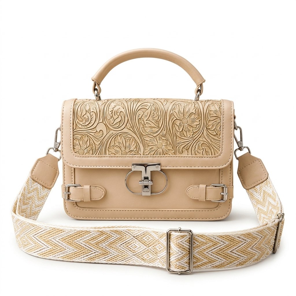 Nude beige floral embossed faux leather satchel bag with top handle and cream patterned wide strap.