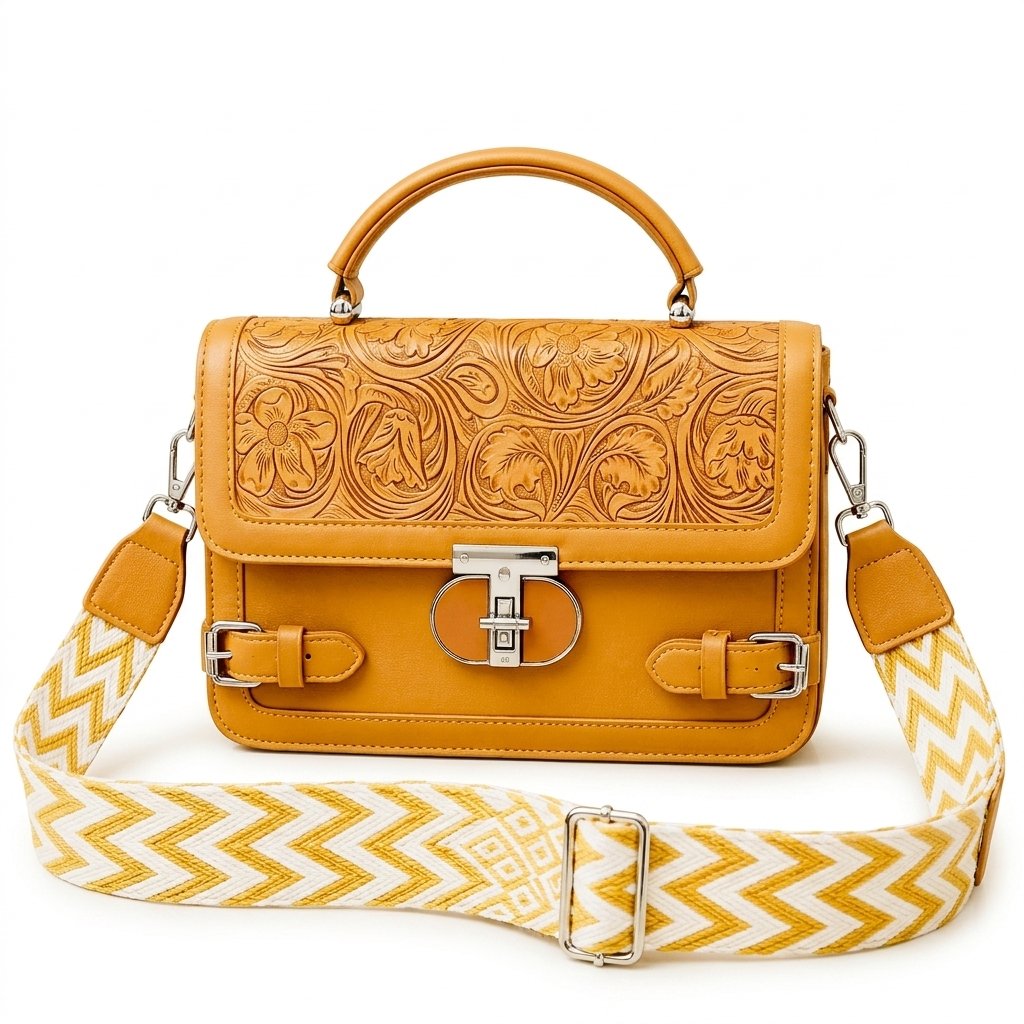 Honey mustard yellow floral embossed faux leather satchel with silver lock and yellow chevron strap.