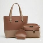 Beige 3-piece handbag set with tote, crossbody bag and coin pouch