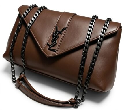 coffee brown women stylish chain shoulder bag with metallic emblem lock