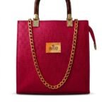 Crimson red Saffiano leather structured satchel handbag with wooden top handle.