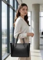 Structured black PU leather tote bag for women suitable for office and daily use.