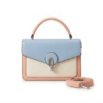 Elegant Light Blue and Peach Leather Top-Handle Handbag with Detachable Strap