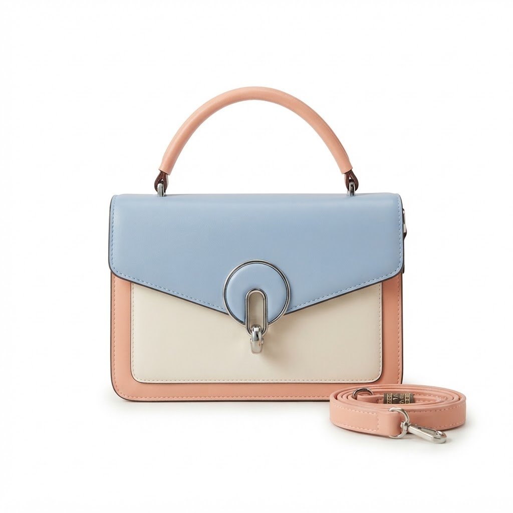 Light Blue & Peach Designer Style Top-Handle Bag Elegant Light Blue and Peach Leather Top-Handle Handbag with Detachable Strap