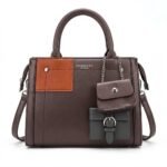 Coffee brown chic satchel style multi-pocket PU leather handbag for women.