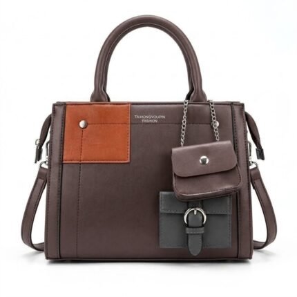 Coffee brown chic satchel style multi-pocket PU leather handbag for women.