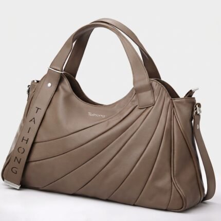 Taihongyoupin branded women's large hobo tote bag in deep-khaki, featuring a unique fan-pleated design on the right panel and a prominent "TAIHONG" logo strap on the left. This stylish leather handbag includes dual top handles and a detachable shoulder strap against a plain white background.