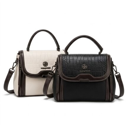 FOXJAZZ top-handle croco embossed handbags displayed side by side in off-white and classic black.