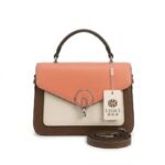 Coral Pink and Dark Brown CIEICI Branded Top-Handle Handbag