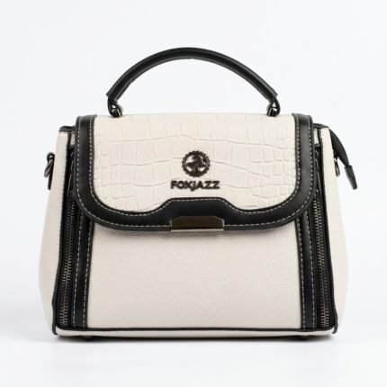 Front centered studio shot of the FOXJAZZ off-white handbag featuring a croco pattern flap, logo emblem, and black top handle.