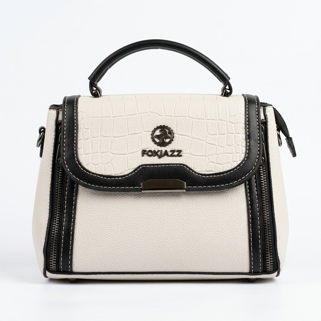 foxjazz-off-white-croco-top-handle-handbag-front-view Front centered studio shot of the FOXJAZZ off-white handbag featuring a croco pattern flap, logo emblem, and black top handle.