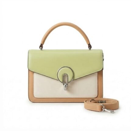 Trendy Pistachio Green and Beige Structured Top-Handle Handbag