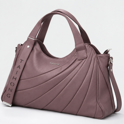 Taihongyoupin branded women's large hobo tote bag in purple, featuring a unique fan-pleated design on the right panel and a prominent "TAIHONG" logo strap on the left. This stylish leather handbag includes dual top handles and a detachable shoulder strap against a plain white background.