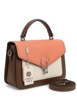 Three-Quarter View of CIEICI Coral Pink, Dark Brown, and Cream Tricolor Handbag