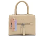 Soft beige cream structured purse with dual top handles and front zip tassel pulls.