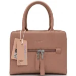 Structured dusty pink faux leather handbag with top handles and front zip tassels.
