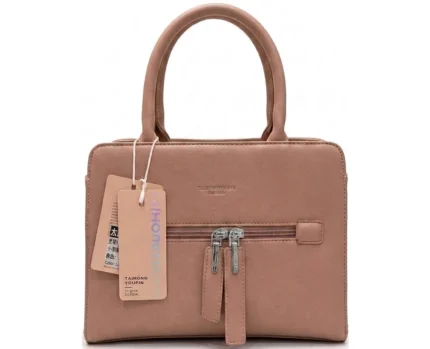 Structured dusty pink faux leather handbag with top handles and front zip tassels.