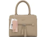 Warm khaki neutral handbag with top handles and front zipper tassels.