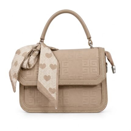 An elegant beige structured top-handle handbag featuring a repeating geometric embossed pattern and silver hardware, set against a plain white background. A tan and cream twilly scarf with heart patterns is tied decorative to the left side of the rigid handle.
