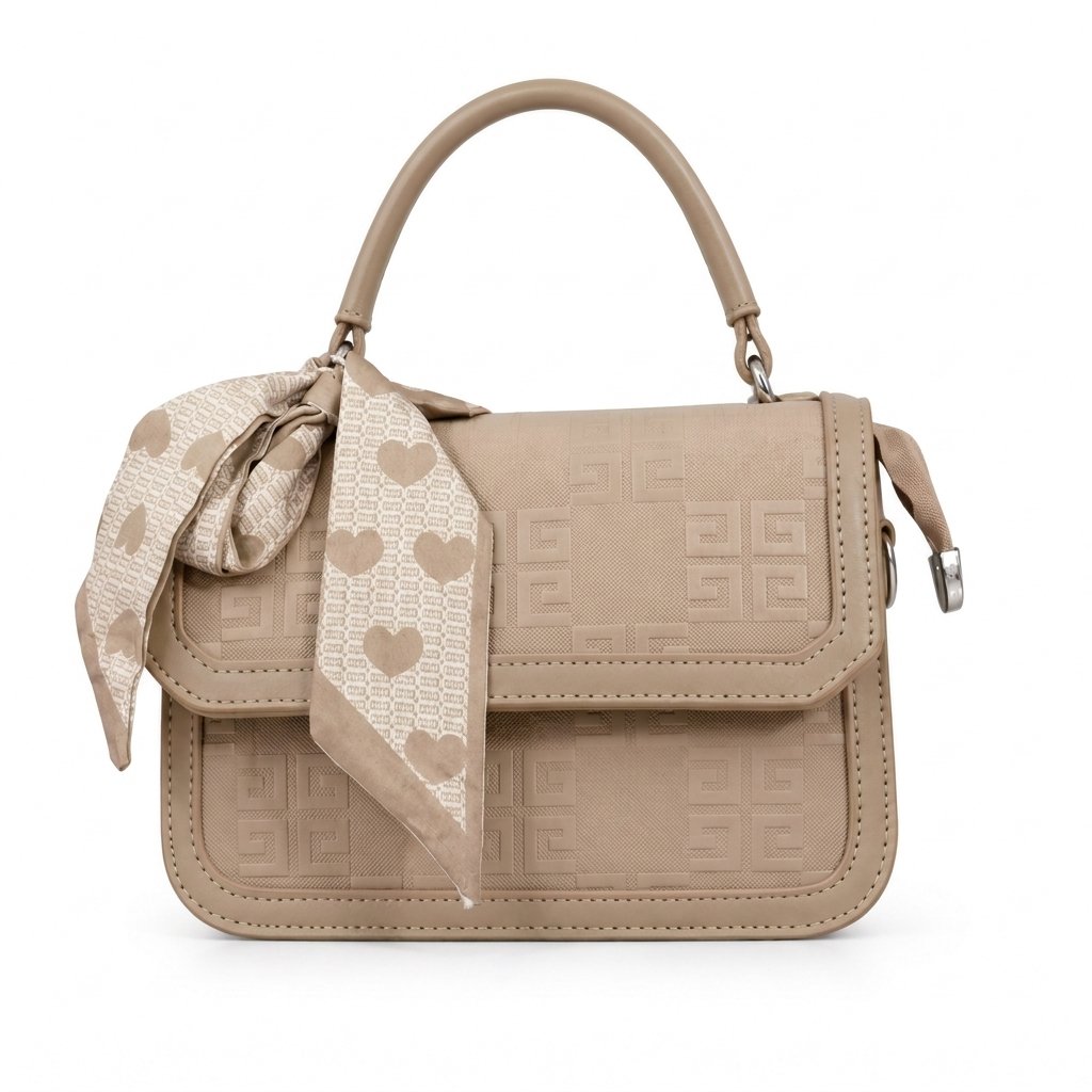 An elegant beige structured top-handle handbag featuring a repeating geometric embossed pattern and silver hardware, set against a plain white background. A tan and cream twilly scarf with heart patterns is tied decorative to the left side of the rigid handle.