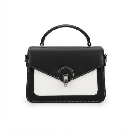 CIEICI black and off-white two-tone flap crossbody bag with silver circular twist lock and contrast white stitching.