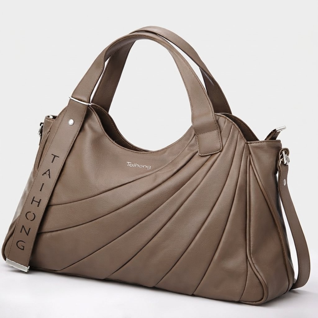Taihongyoupin deep khaki pleated hobo tote bag with wide strap