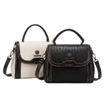 FOXJAZZ dual-texture crocodile pattern top-handle satchel bags displayed in off-white and black color variants.