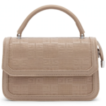 A close-up front view of a beige structured handbag on a white background, highlighting the intricate, repeating geometric embossed pattern across the flap closure. The smooth nude top handle is attached with polished silver metallic rings.