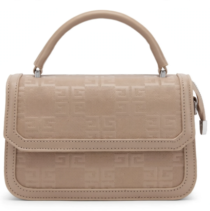 A close-up front view of a beige structured handbag on a white background, highlighting the intricate, repeating geometric embossed pattern across the flap closure. The smooth nude top handle is attached with polished silver metallic rings.