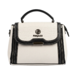 Front studio shot of off-white FOXJAZZ crocodile-embossed flap satchel bag featuring metallic logo emblem and side zippers.