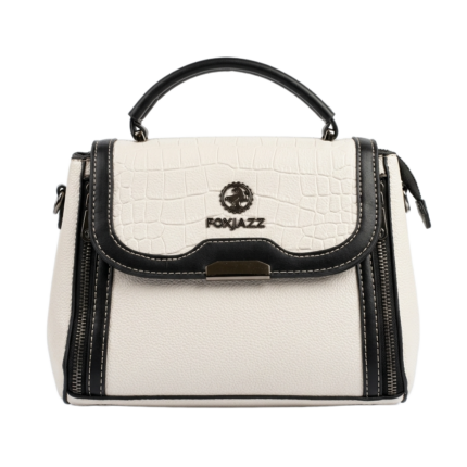 Front studio shot of off-white FOXJAZZ crocodile-embossed flap satchel bag featuring metallic logo emblem and side zippers.
