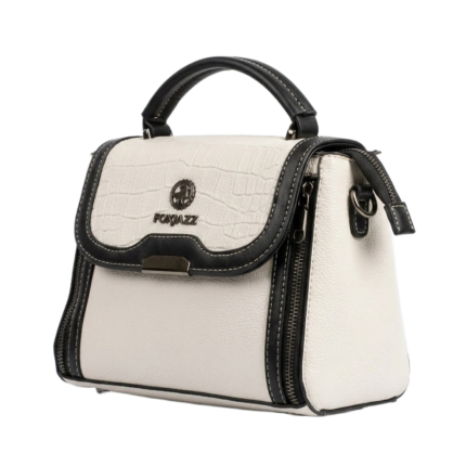 Side profile angle of FOXJAZZ structured top-handle satchel bag showing depth, vertical side zippers, and strap rings.