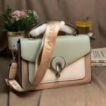 CIEICI sage green color block flap bag styled with a wide gold webbed guitar strap embroidered with FASHION & CLASSIC.
