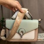 Hand holding the CIEICI sage green color block bag showing top handle, circular ring lock, and wide webbed strap.