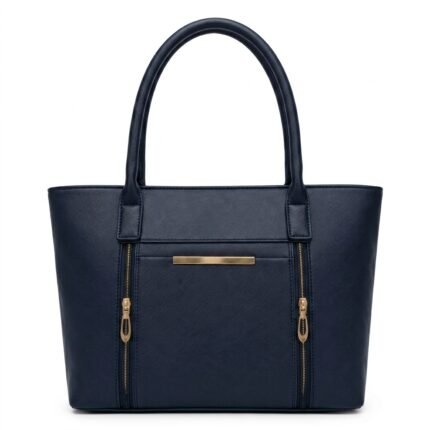 Front view of a navy blue multi-compartment tote bag with gold-tone accents on a pure white background.