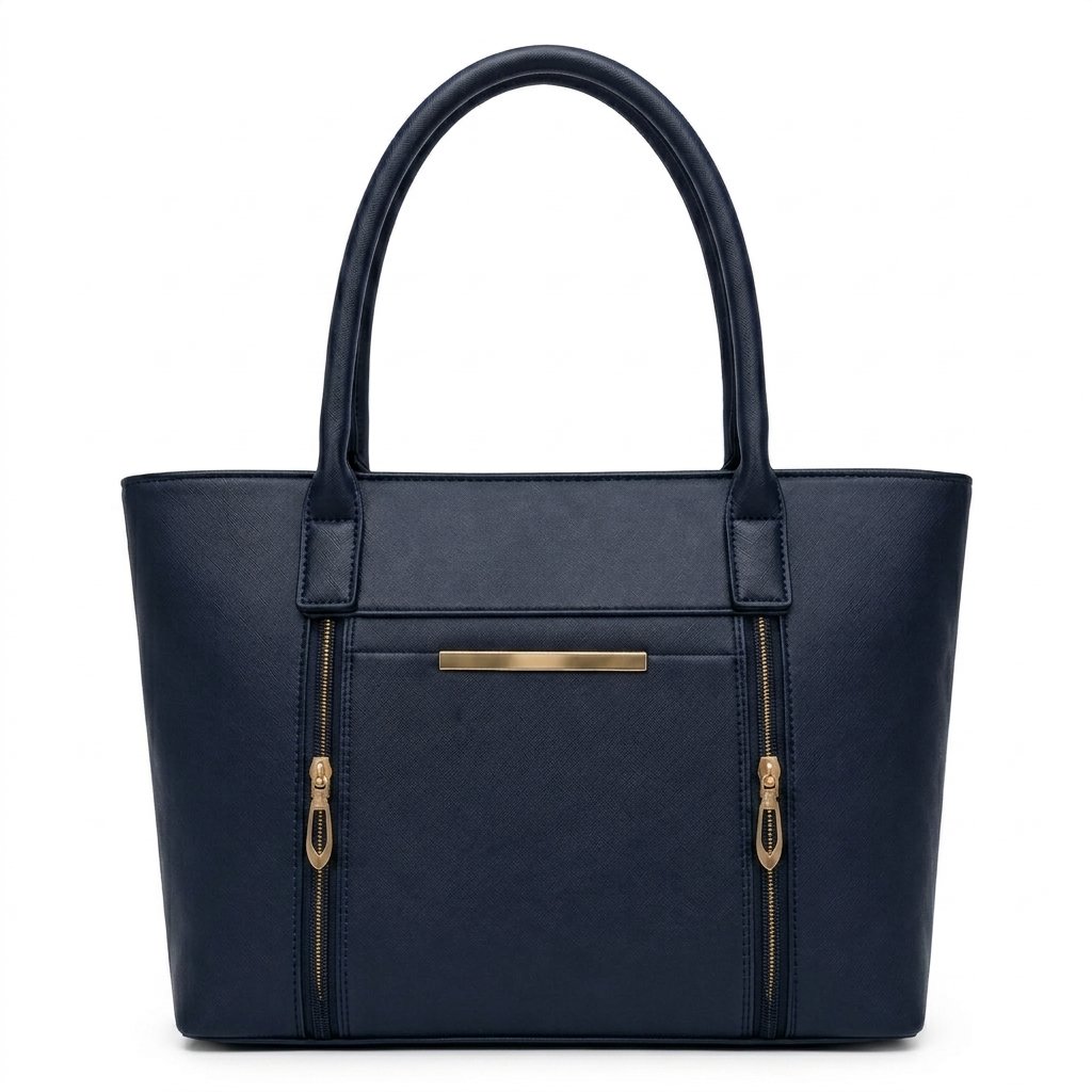 Women's Multi-Compartment Tote Bag – Deep Navy Blue Front view of a navy blue multi-compartment tote bag with gold-tone accents on a pure white background.