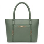 Sage green structured faux leather tote bag featuring gold zippers