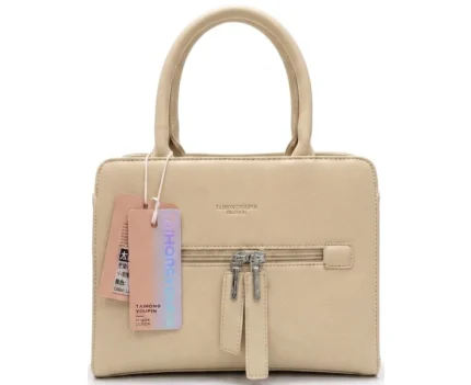 Cream beige Taihongyoupin structured synthetic leather top-handle handbag featuring dual-zip front pocket and rolled top handles.