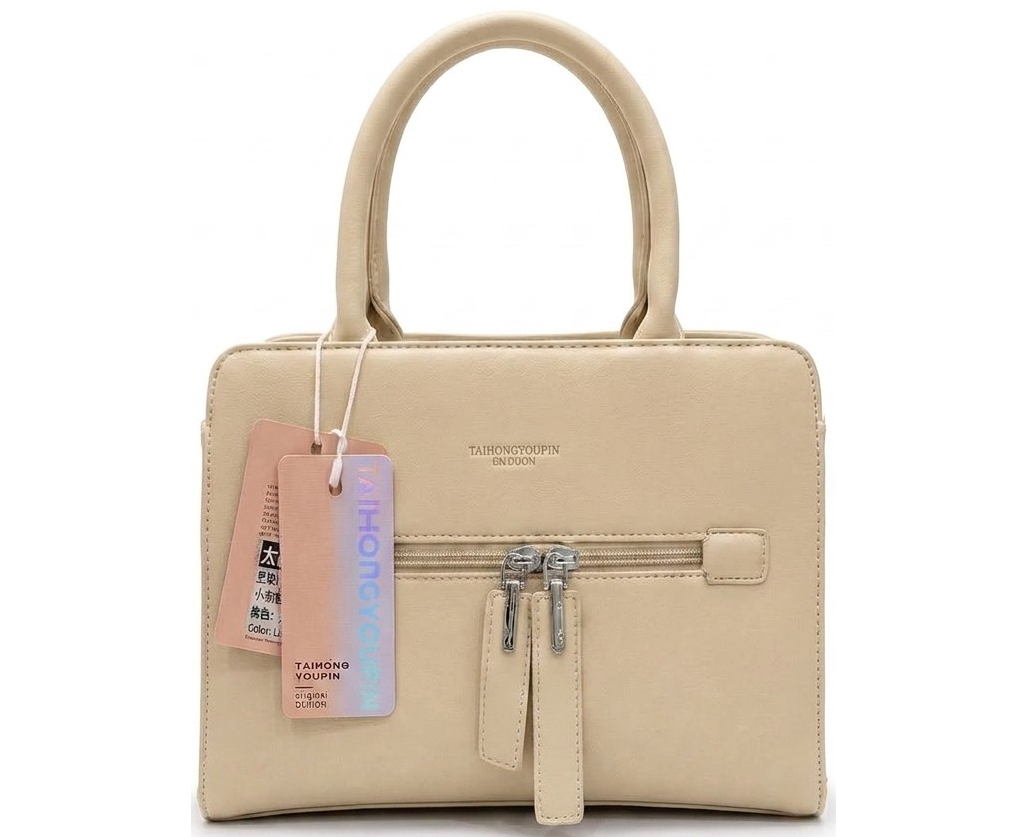 Cream beige Taihongyoupin structured synthetic leather top-handle handbag featuring dual-zip front pocket and rolled top handles.