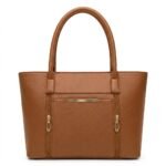 Front view of a cognac tan brown multi-compartment leather tote bag with gold zippers on a white background.