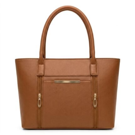 Front view of a cognac tan brown multi-compartment leather tote bag with gold zippers on a white background.