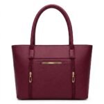 Deep burgundy wine red structured tote bag with gold zipper pulls